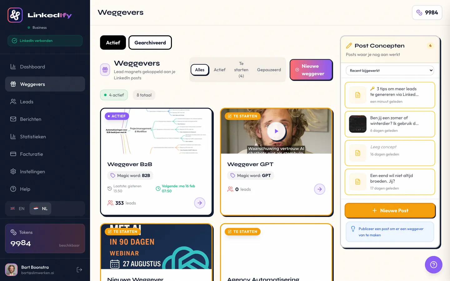 LinkedIfy lead magnets overview with active campaigns and performance