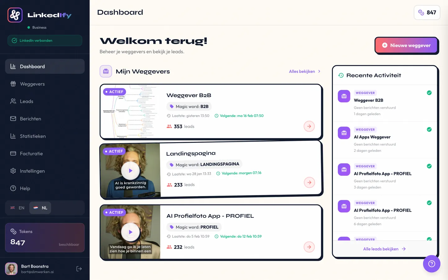 LinkedIfy dashboard met weggever overzicht en statistieken