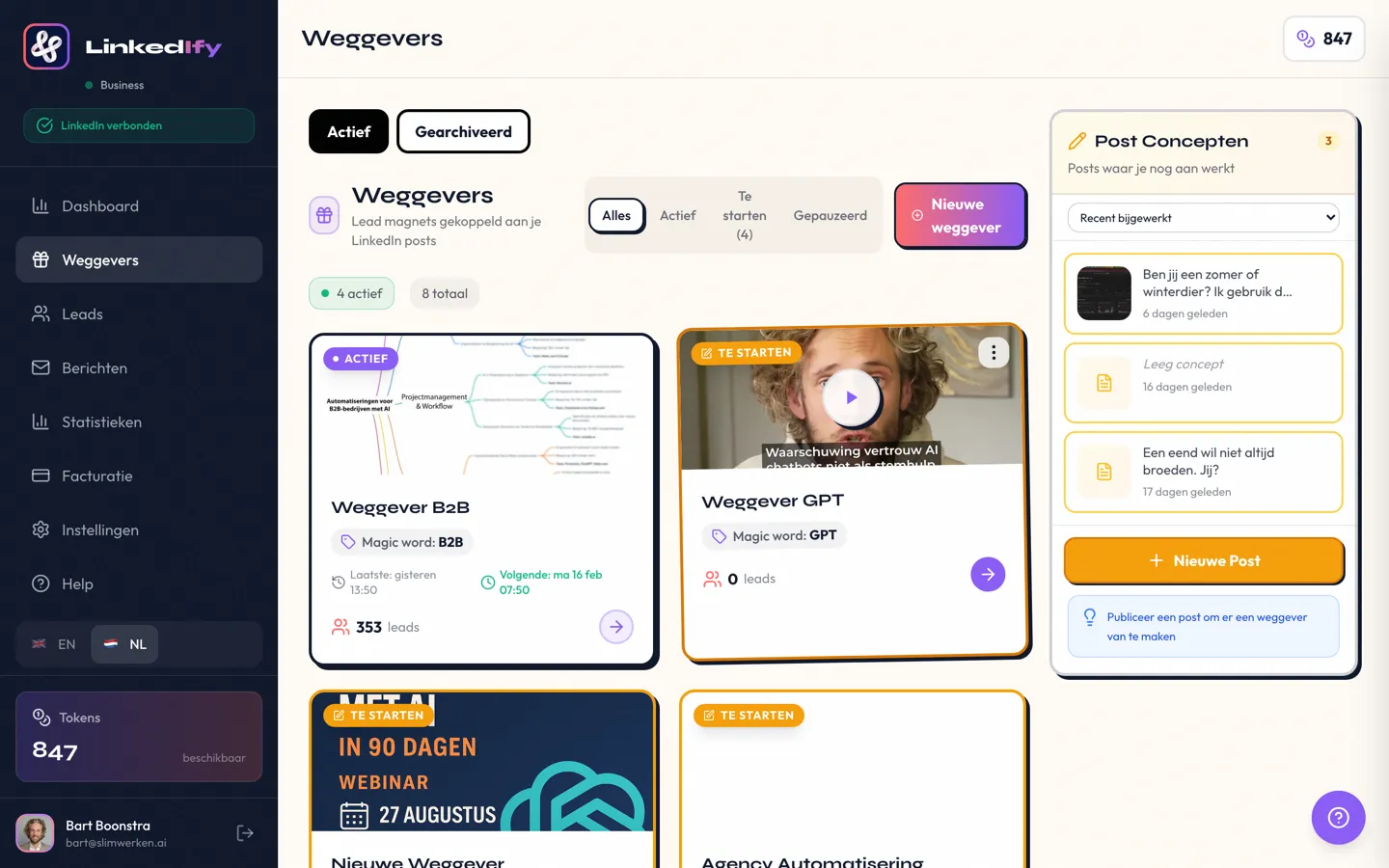 LinkedIfy weggevers overzicht met actieve campagnes en prestaties