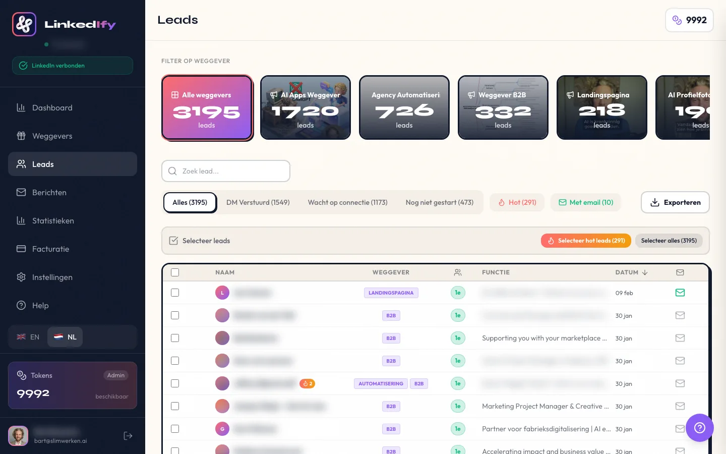 LinkedIfy leads overzicht met filters, statussen en exportfunctie