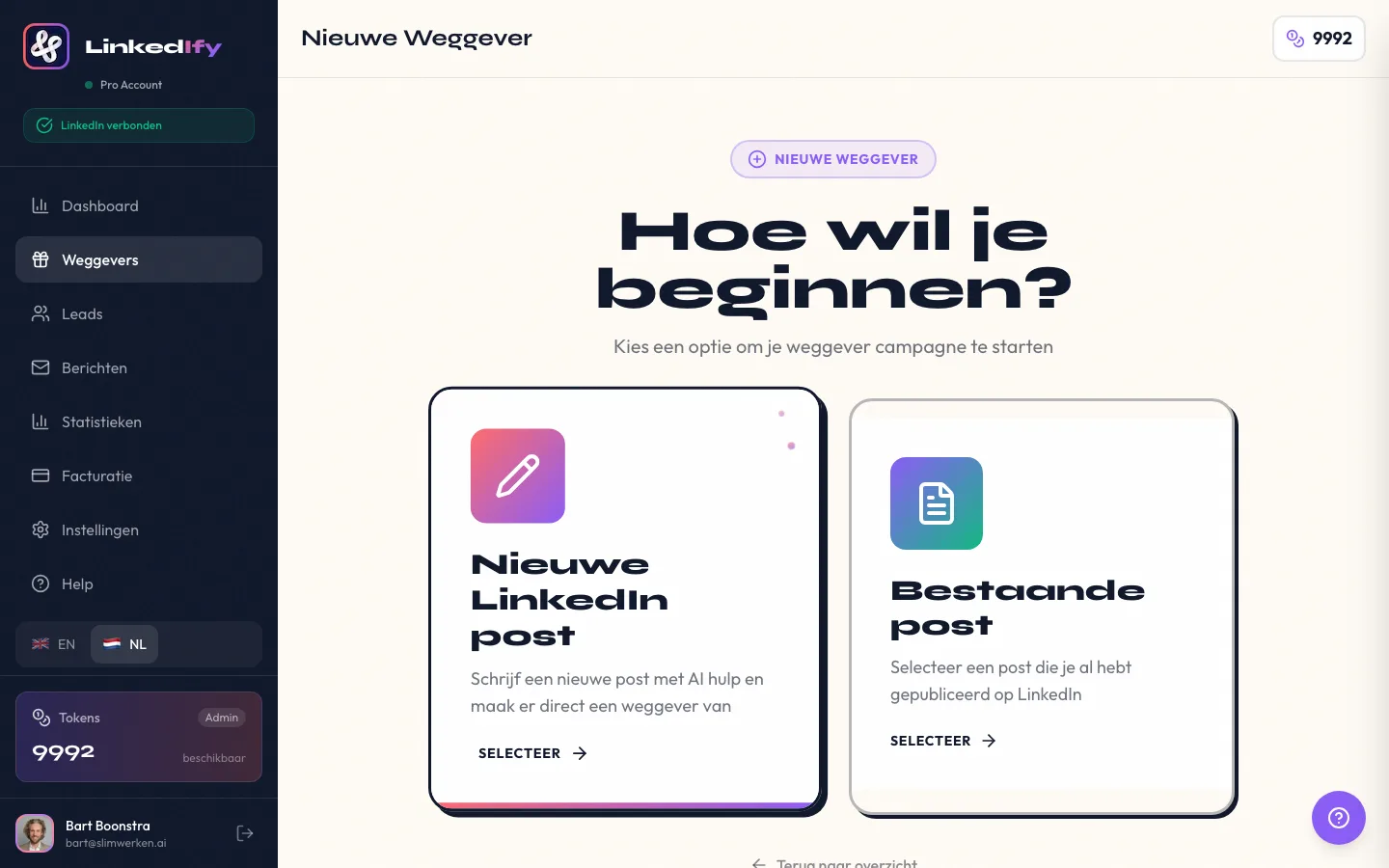 LinkedIfy nieuwe weggever wizard — kies tussen nieuwe post of bestaande post